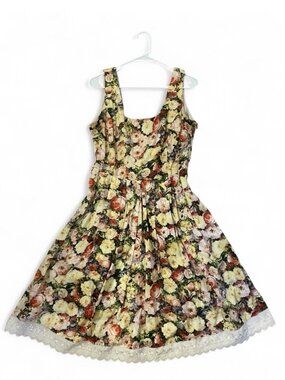 Cottagecore Midi Dress Empire Waist Floral Pleated Tea Length Cotton Summer, 14